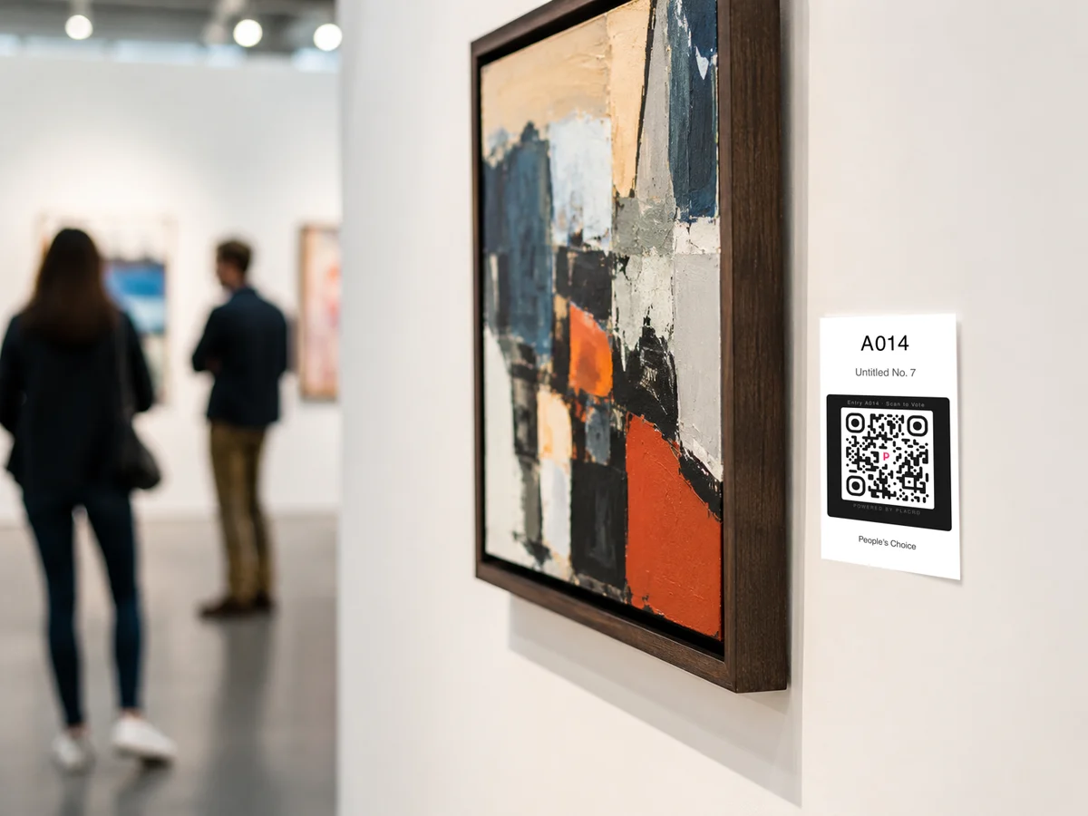 QR voting placard beside a framed painting at a gallery art exhibit