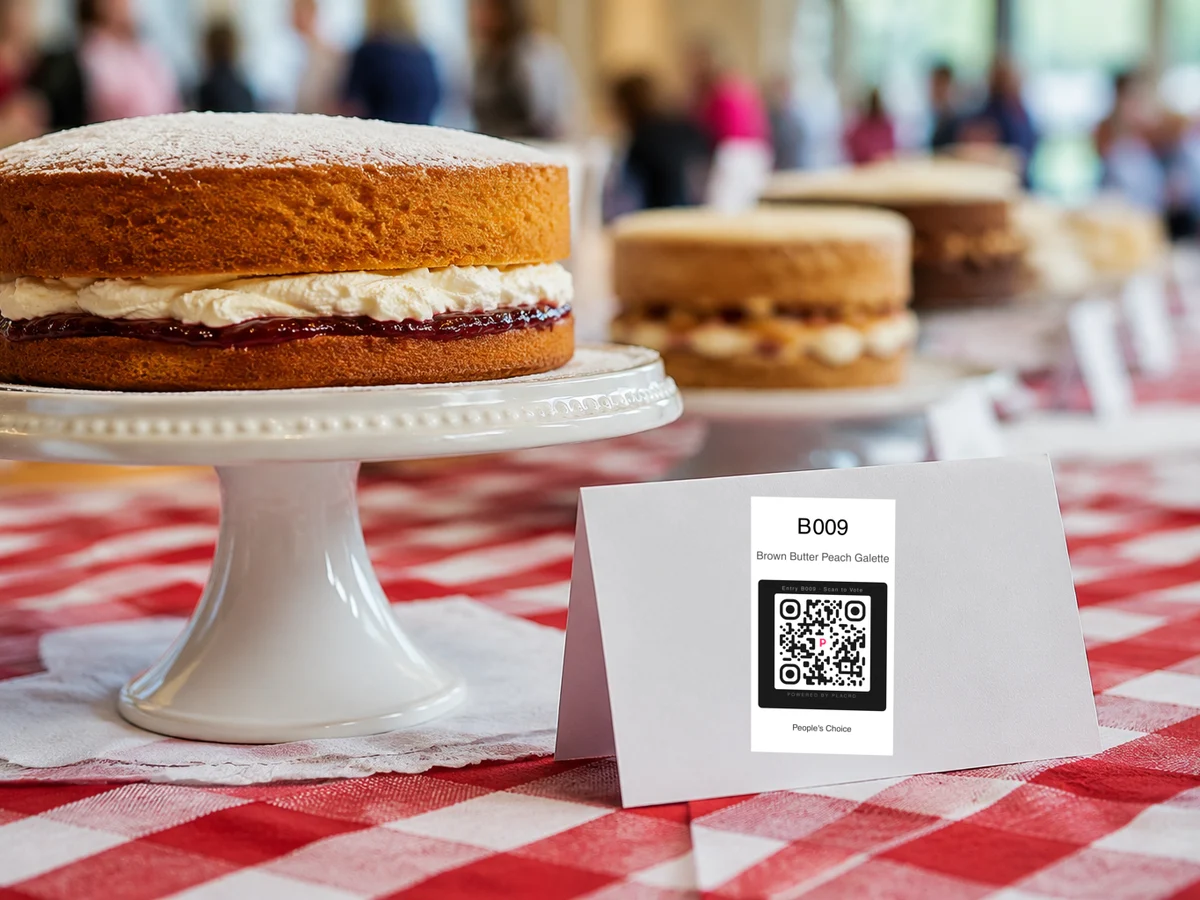 QR voting placard beside a plated dessert on a tasting table at a baking contest
